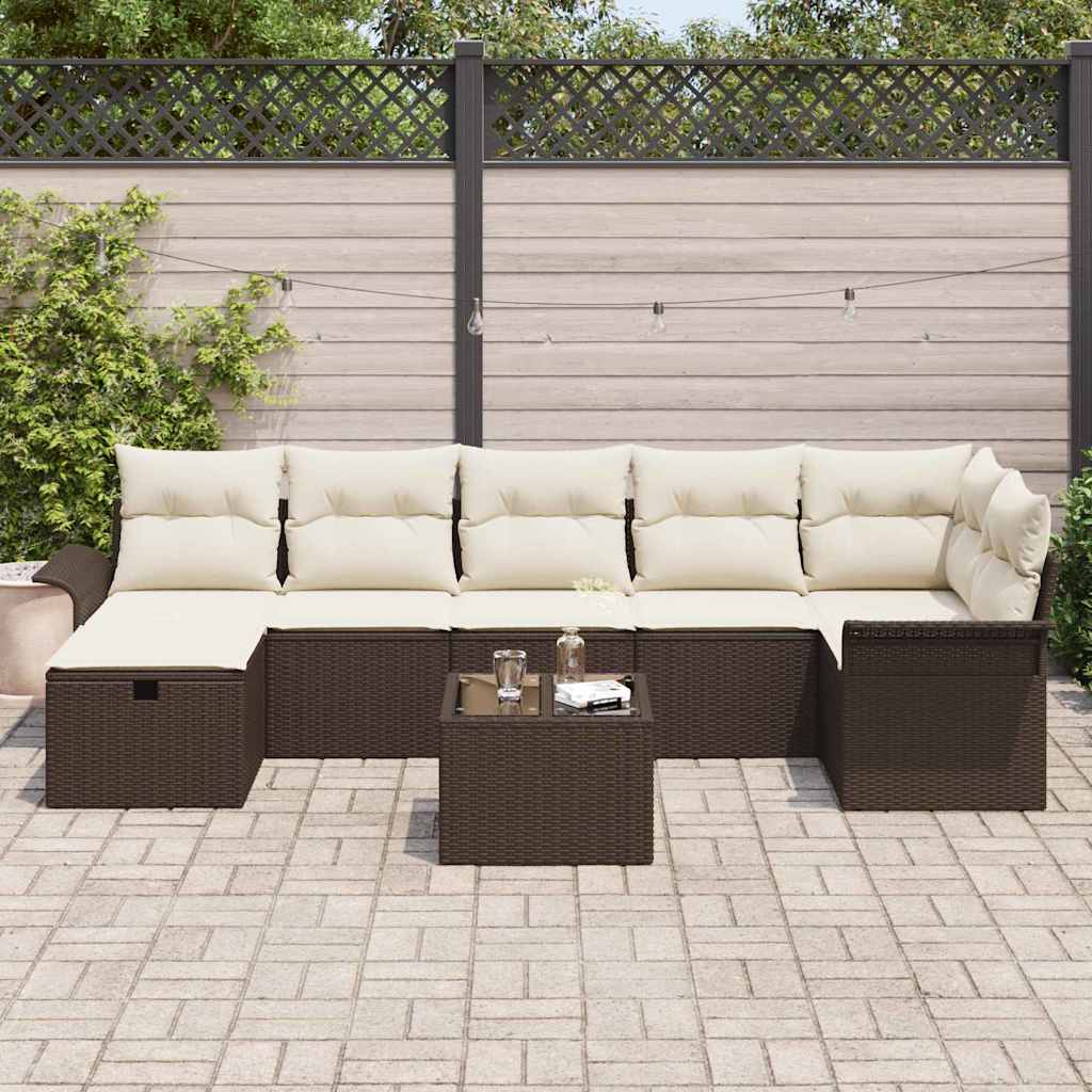 Conjunto de sofá de jardín 8 pcs Marrón y crema ratán sintético