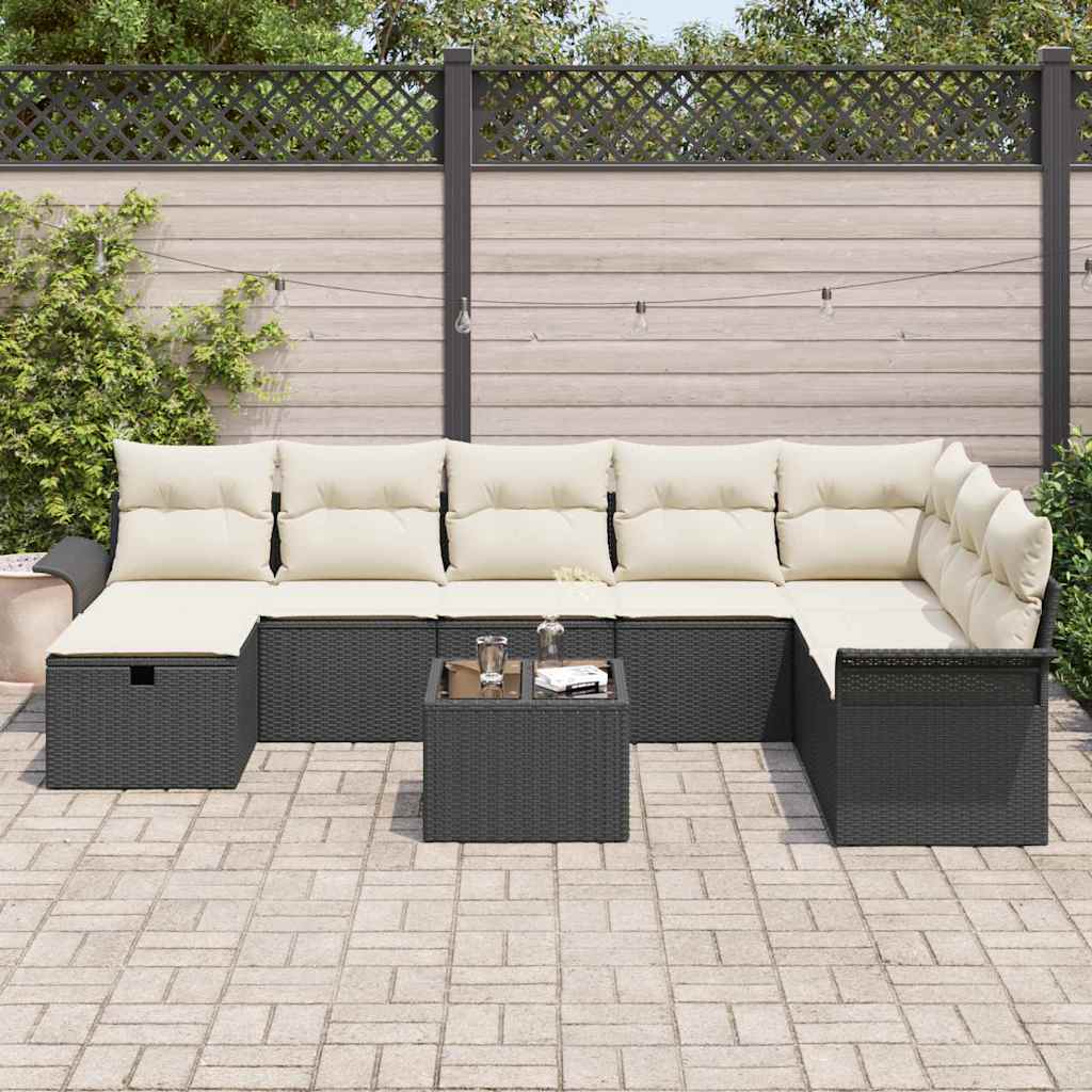 Conjunto de sofá de jardín 9 pcs Negro y crema ratán sintético
