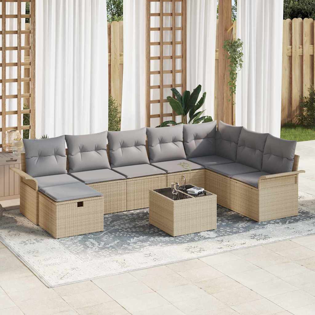 Conjunto de sofá de jardín con cojín 9 pcs Beige y Gris Claro