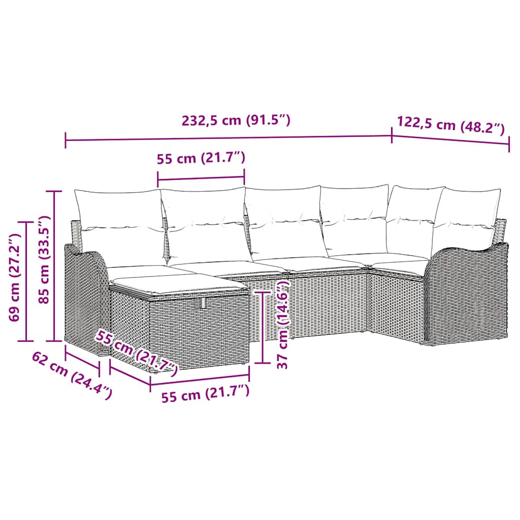Conjunto de sofá de jardín con cojín 6 pcs Gris Poliratán