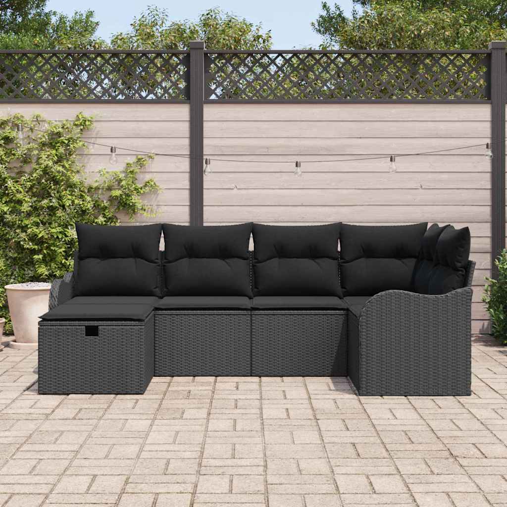 Conjunto de sofá de jardín con cojín 6 pcs Negro Poliratán