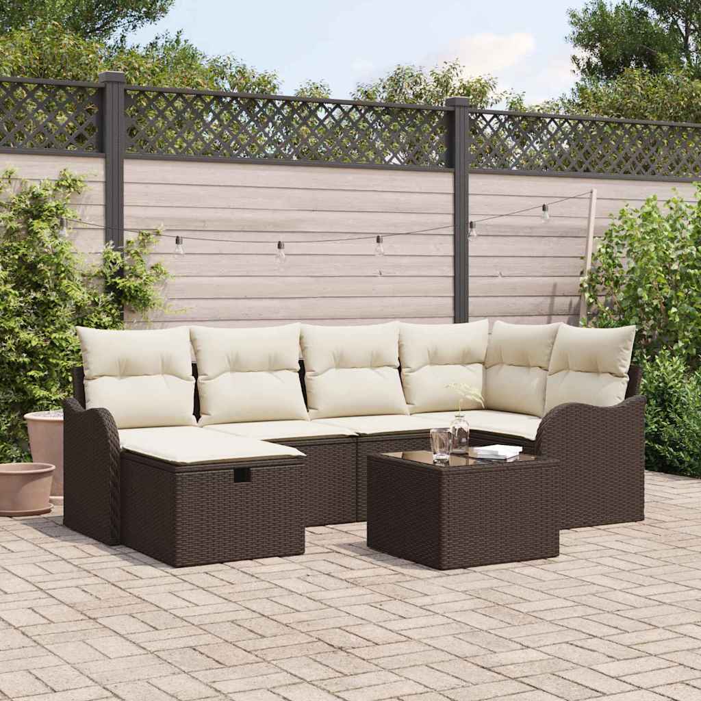 Conjunto de sofá de jardín 7 pcs Marrón y crema Poliratán