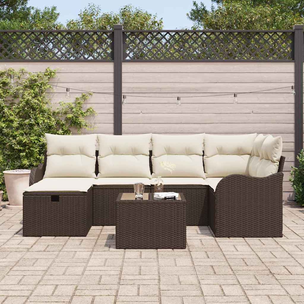 Conjunto de sofá de jardín 7 pcs Marrón y crema Poliratán