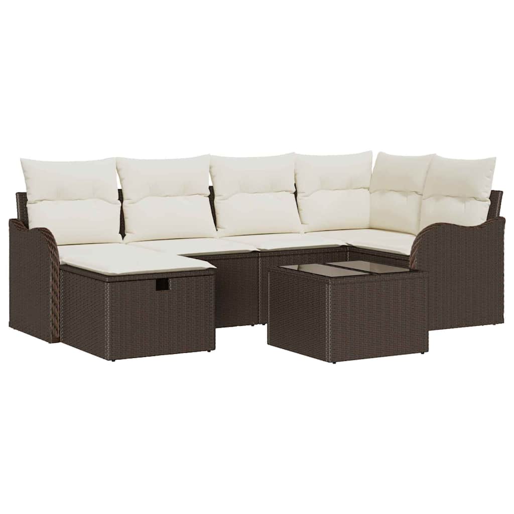 Conjunto de sofá de jardín 7 pcs Marrón y crema Poliratán