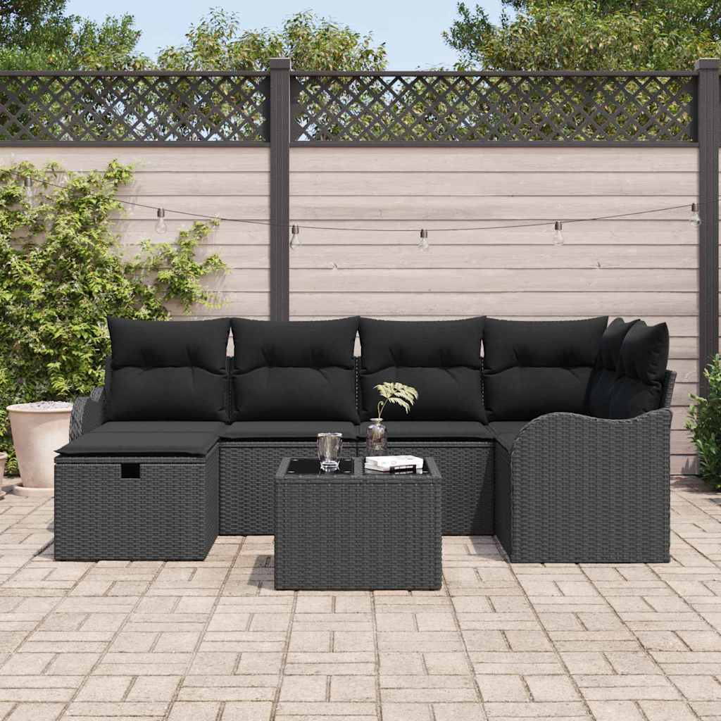 Conjunto de sofá de jardín con cojín 7 pcs Negro Poliratán