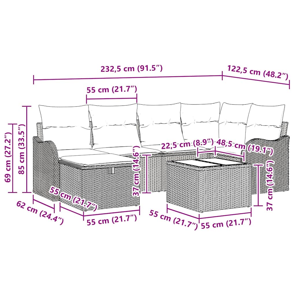 Conjunto de sofá de jardín con cojín 7 pcs Negro Poliratán