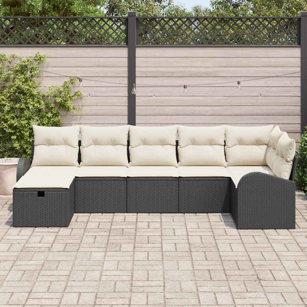 Juego de Sofá con cojín 7 pcs Negro y crema ratán sintético