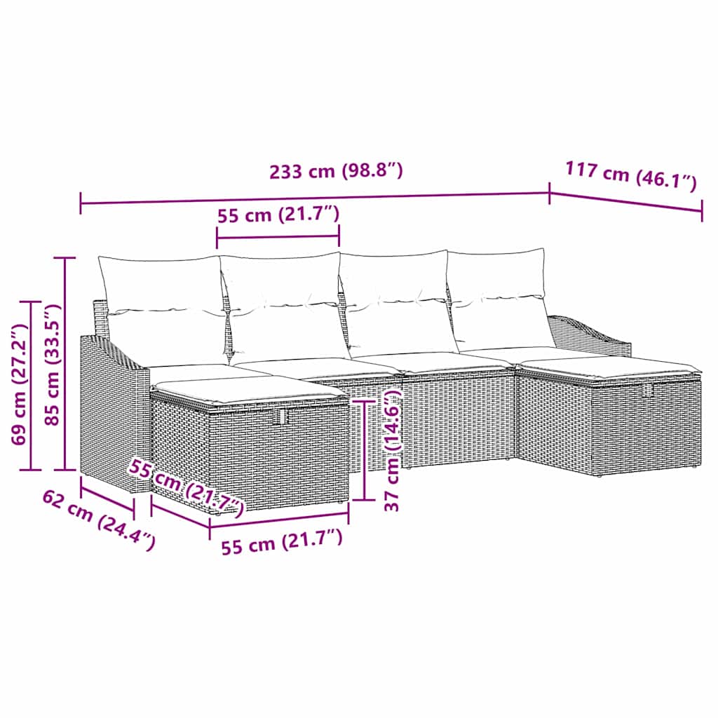 Conjunto de sofá de jardín con cojín 6 pcs Negro Poliratán