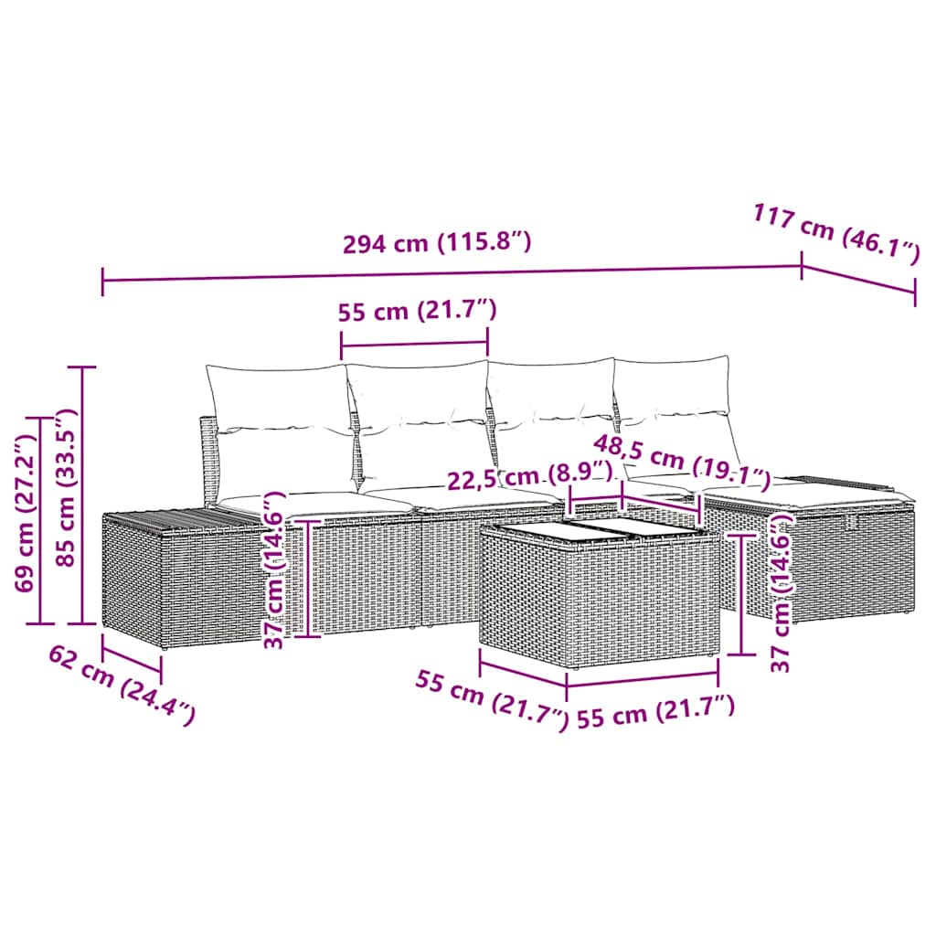 Conjunto de sofás de jardín 6 pcs Marrón ratán sintético