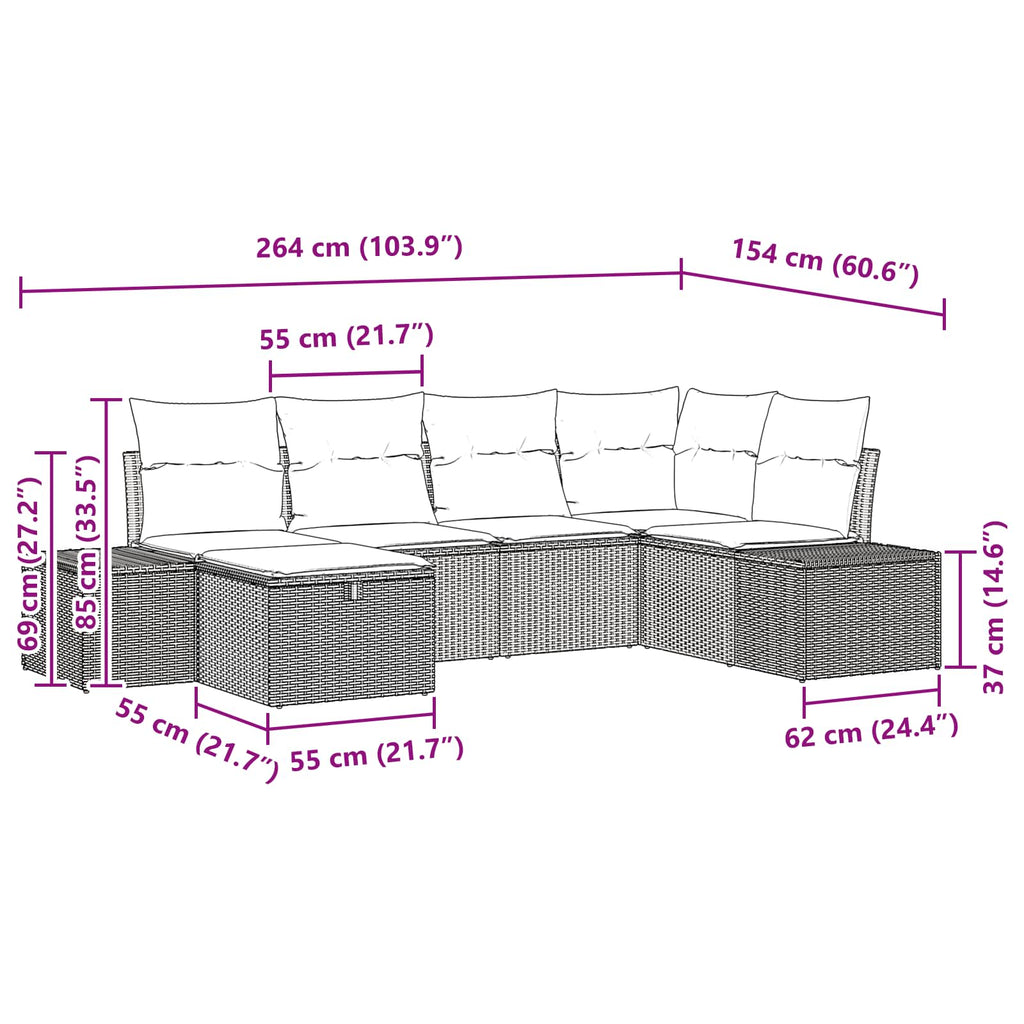 Conjunto de sofá de jardín 6 pcs Marrón ratán sintético