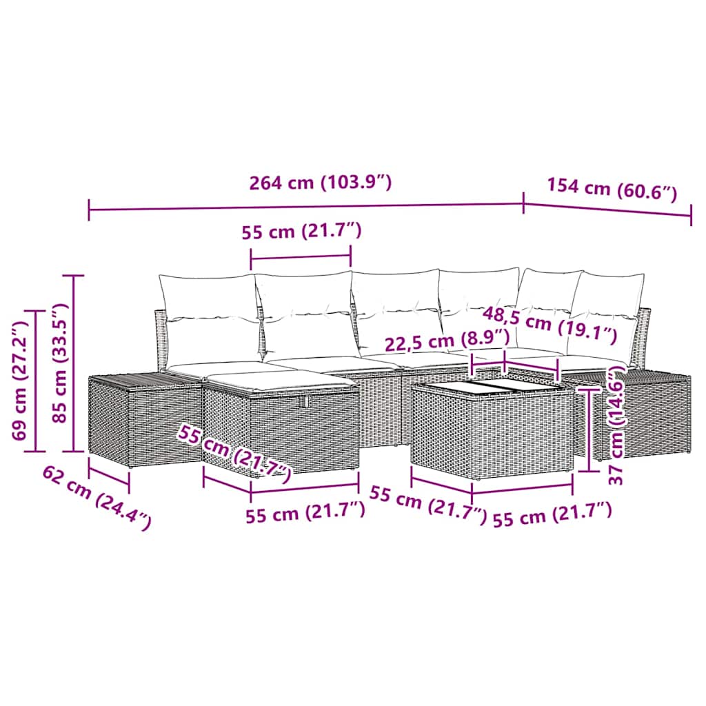 Conjunto de sofá de jardín 7 pcs Marrón ratán sintético