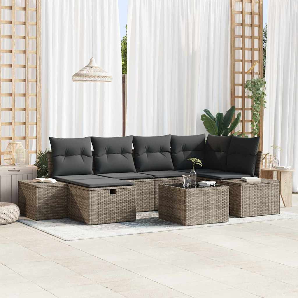 Conjunto de sofás de jardim com almofadões 6 pcs Cinzento vime sintético