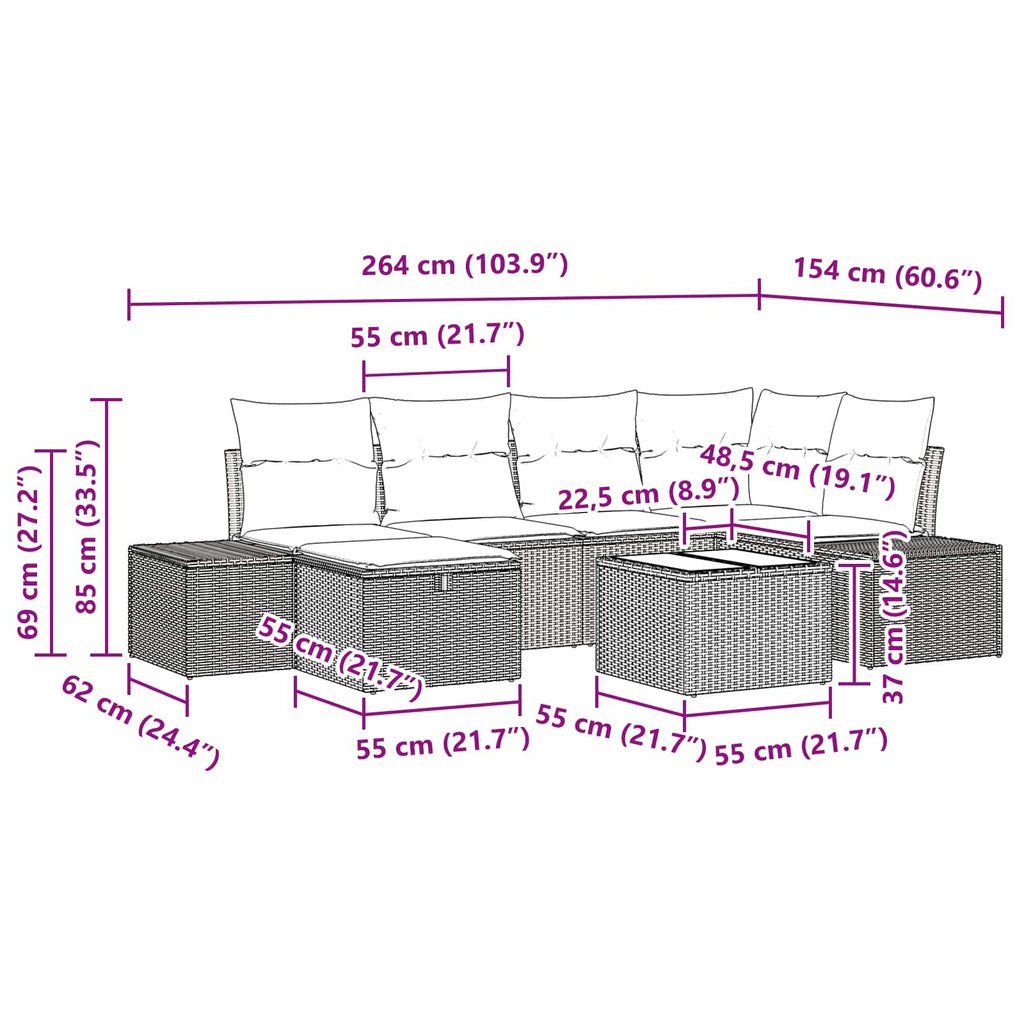 Conjunto de sofá de jardín 7 pcs Marrón ratán sintético