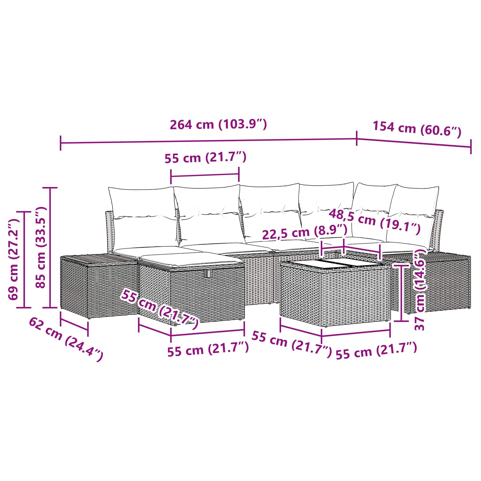 Conjunto de sofá de jardín 7 pcs Marrón ratán sintético