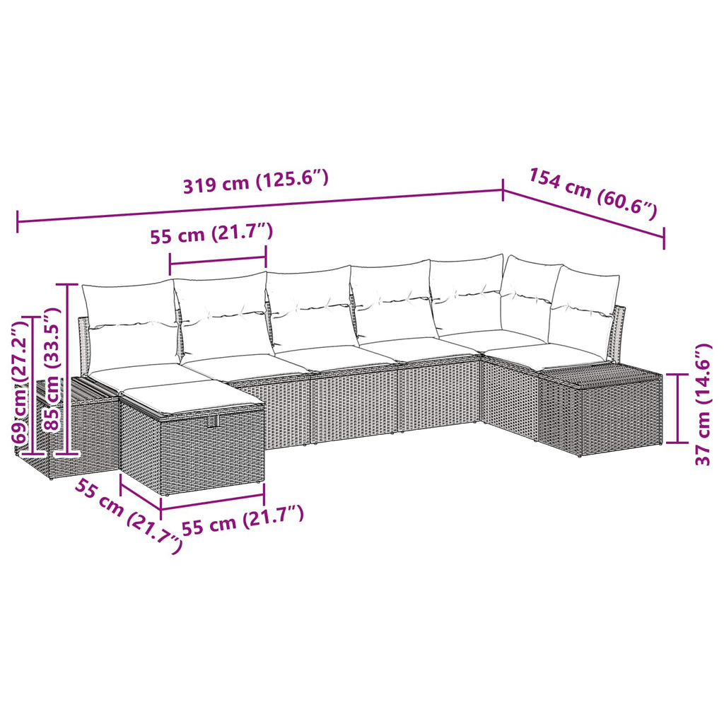 Conjunto de sofá de jardín 7 pcs Marrón ratán sintético