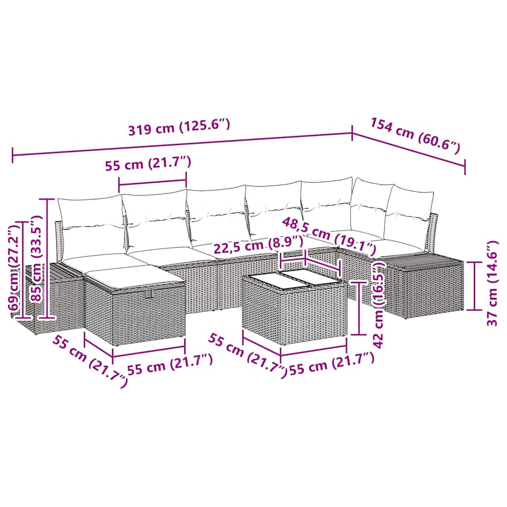 Conjunto de sofá de jardín con cojín 8 pcs Gris ratán sintético