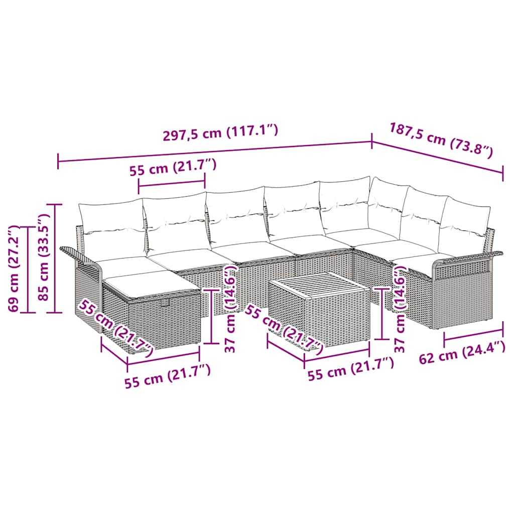 Conjunto de sofás de jardín 9 pcs Beige ratán sintético