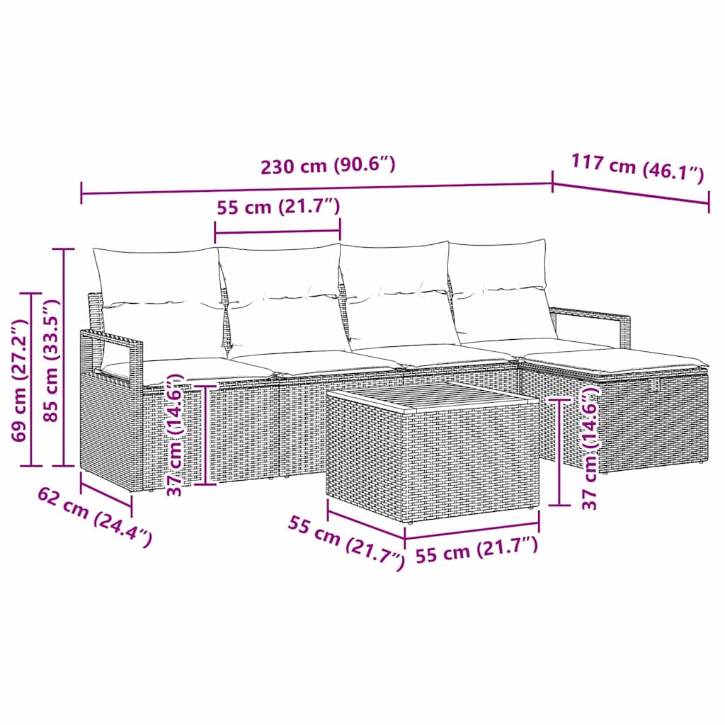 Conjunto de sofás de jardín 6 pcs Gris ratán sintético