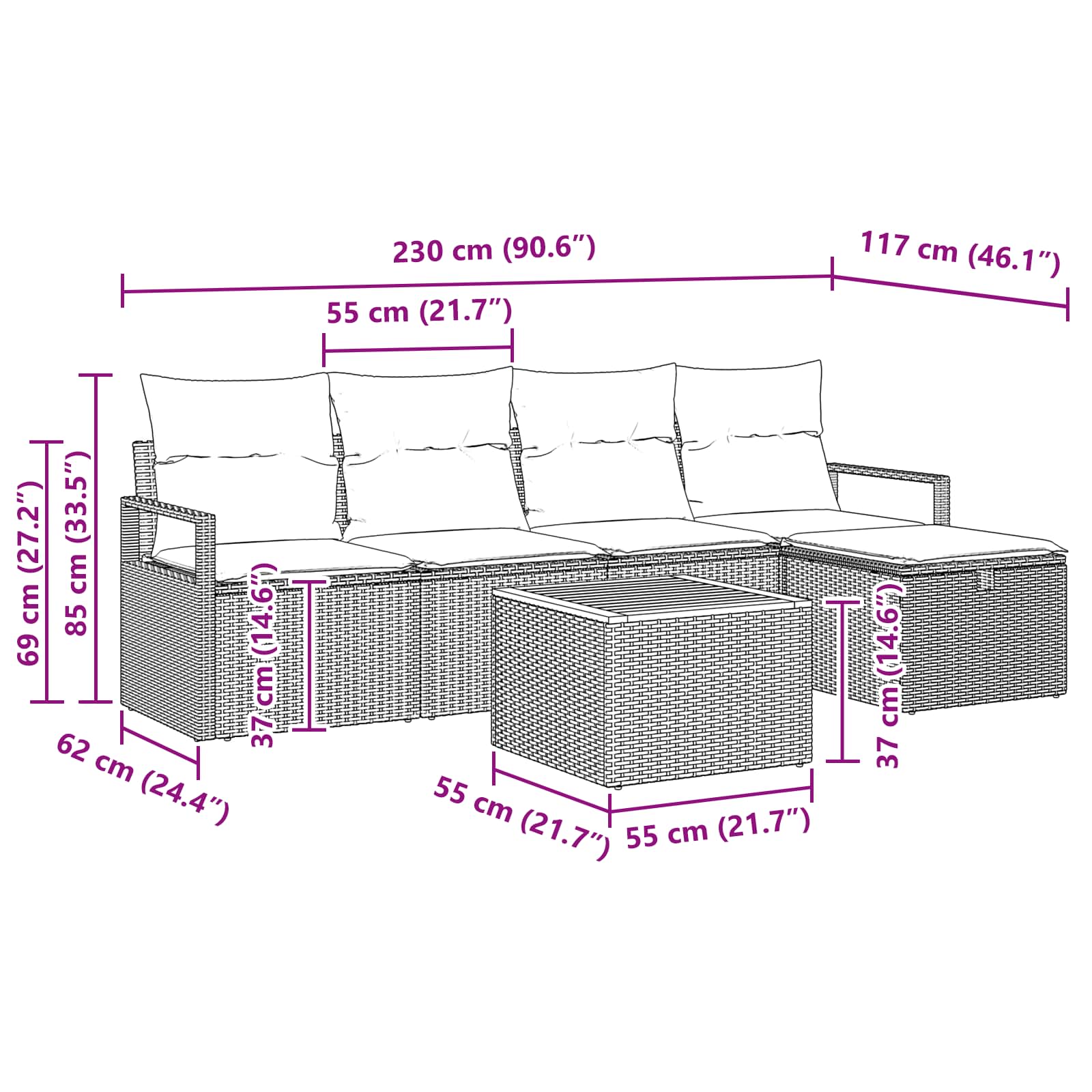 Conjunto de sofás de jardín 6 pcs Negro ratán sintético