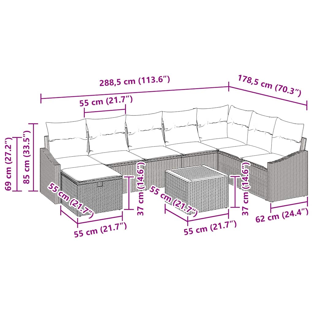 Conjunto de sofás de jardín 9 pcs Beige ratán sintético