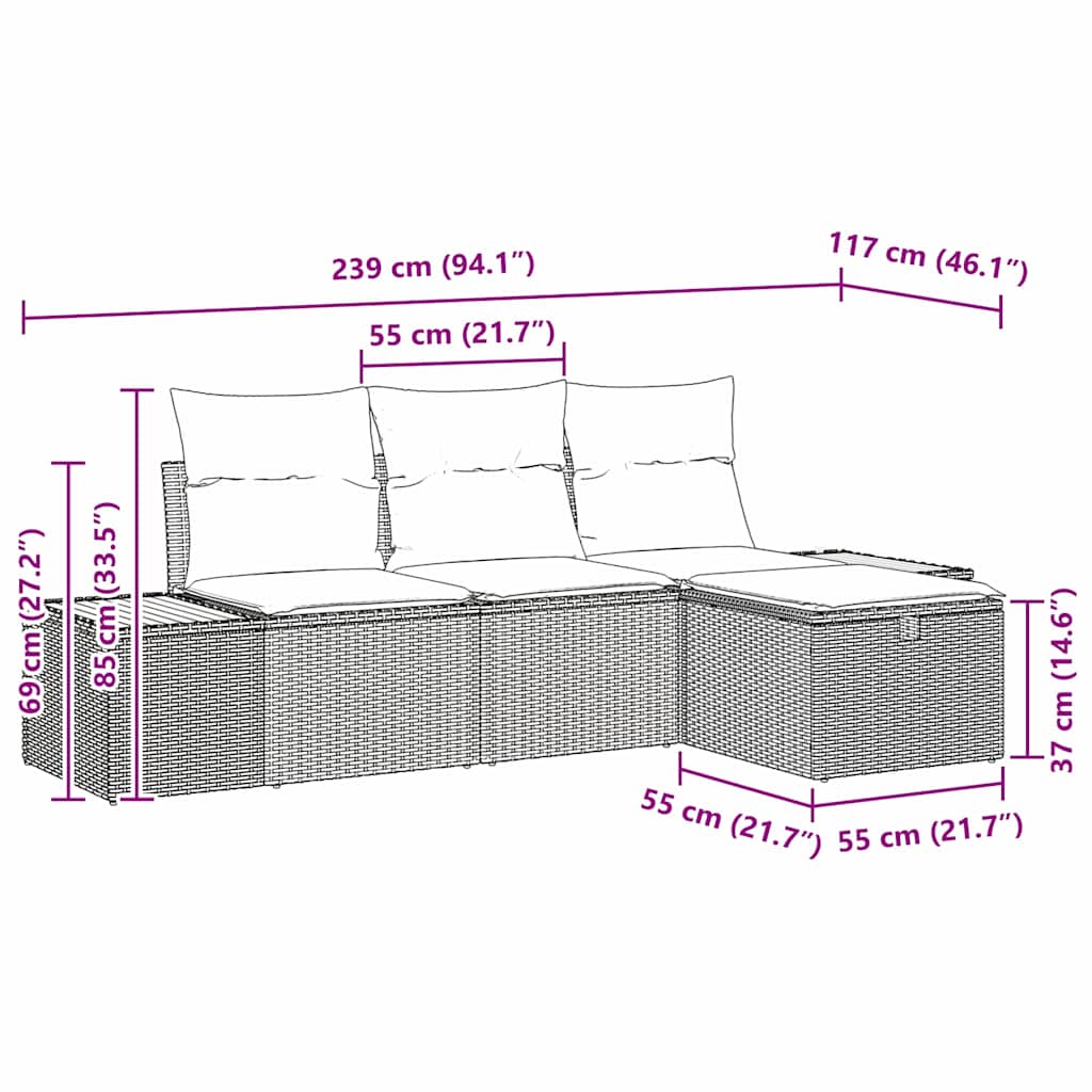 Conjunto de sofá de jardín con cojín 4 pcs Beige Poliratán