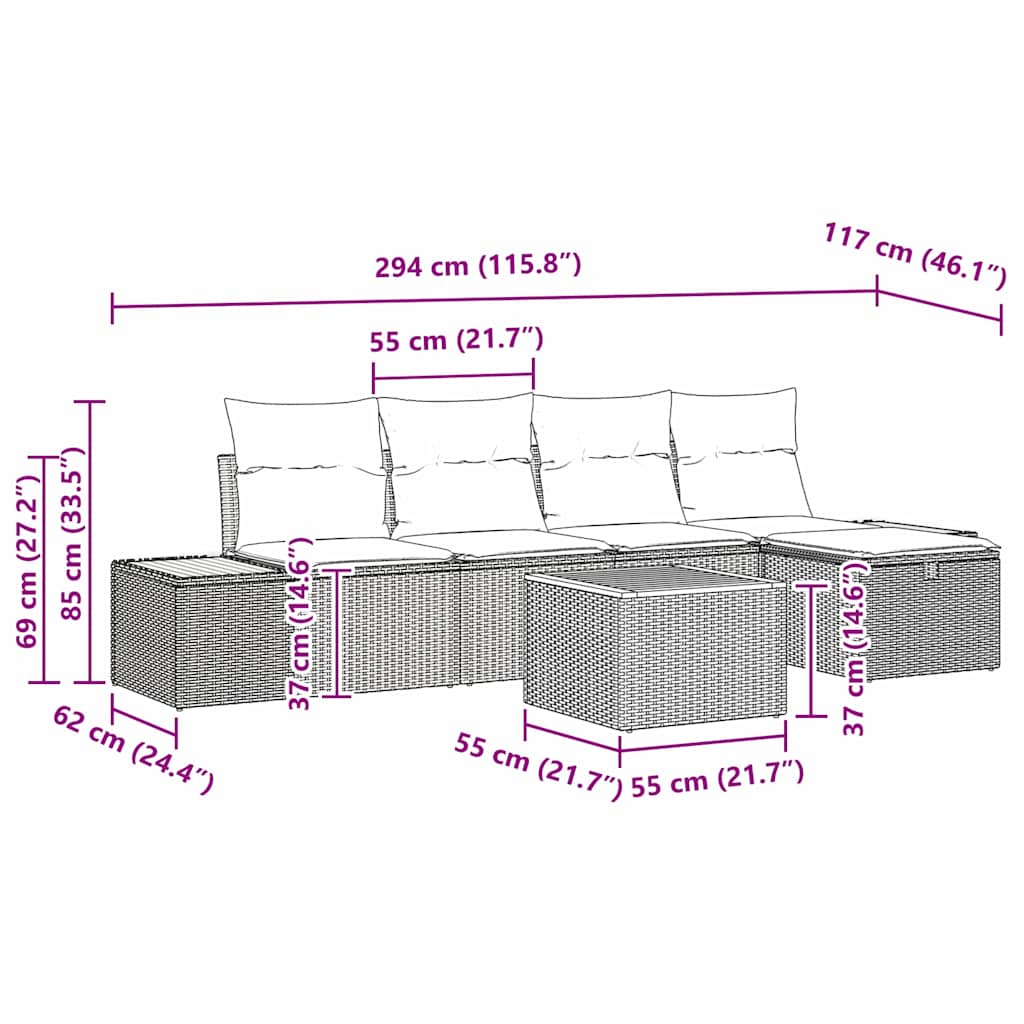 Conjunto de sofás de jardín 6 pcs Negro ratán sintético