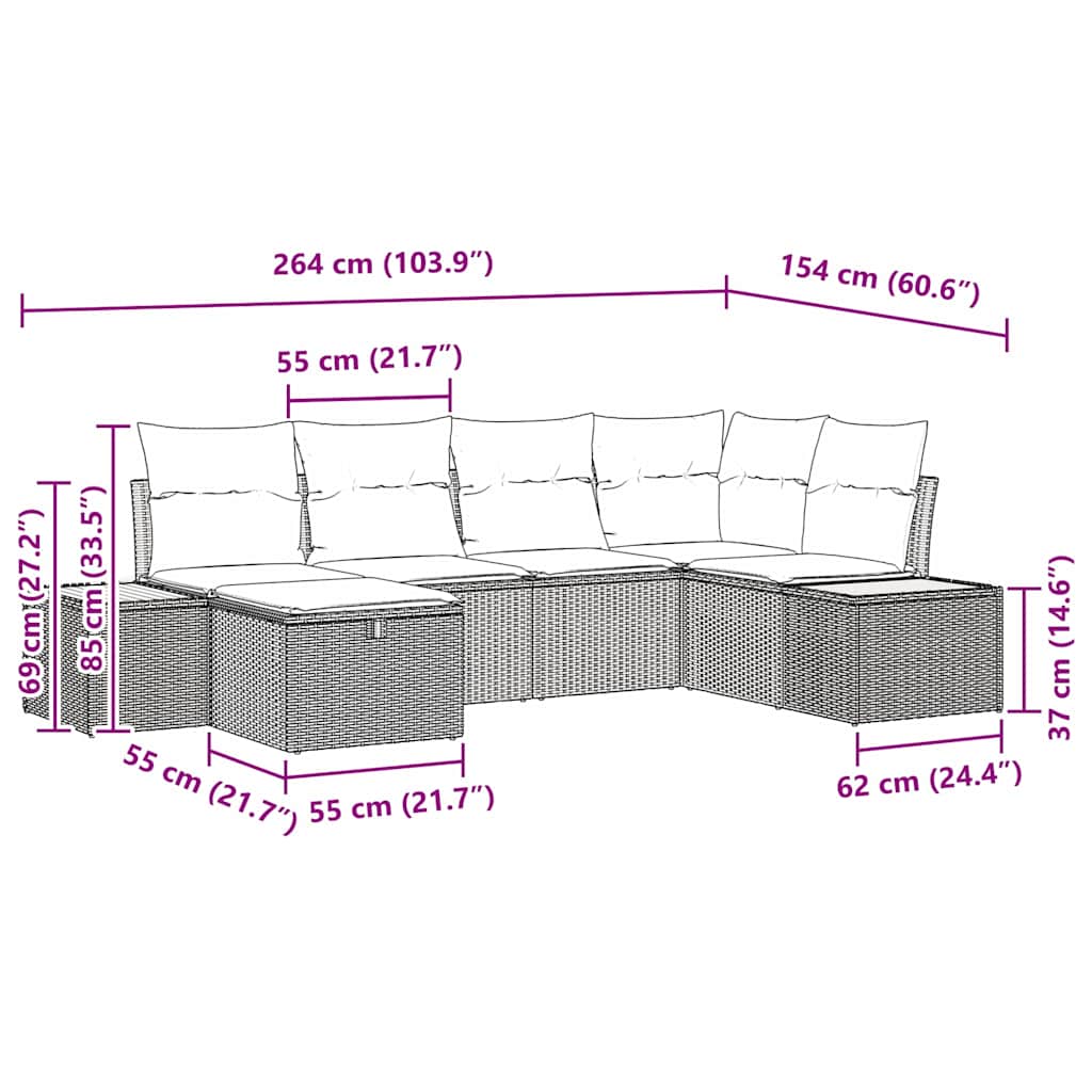 Conjunto de sofás de jardín 6 pcs Negro ratán sintético