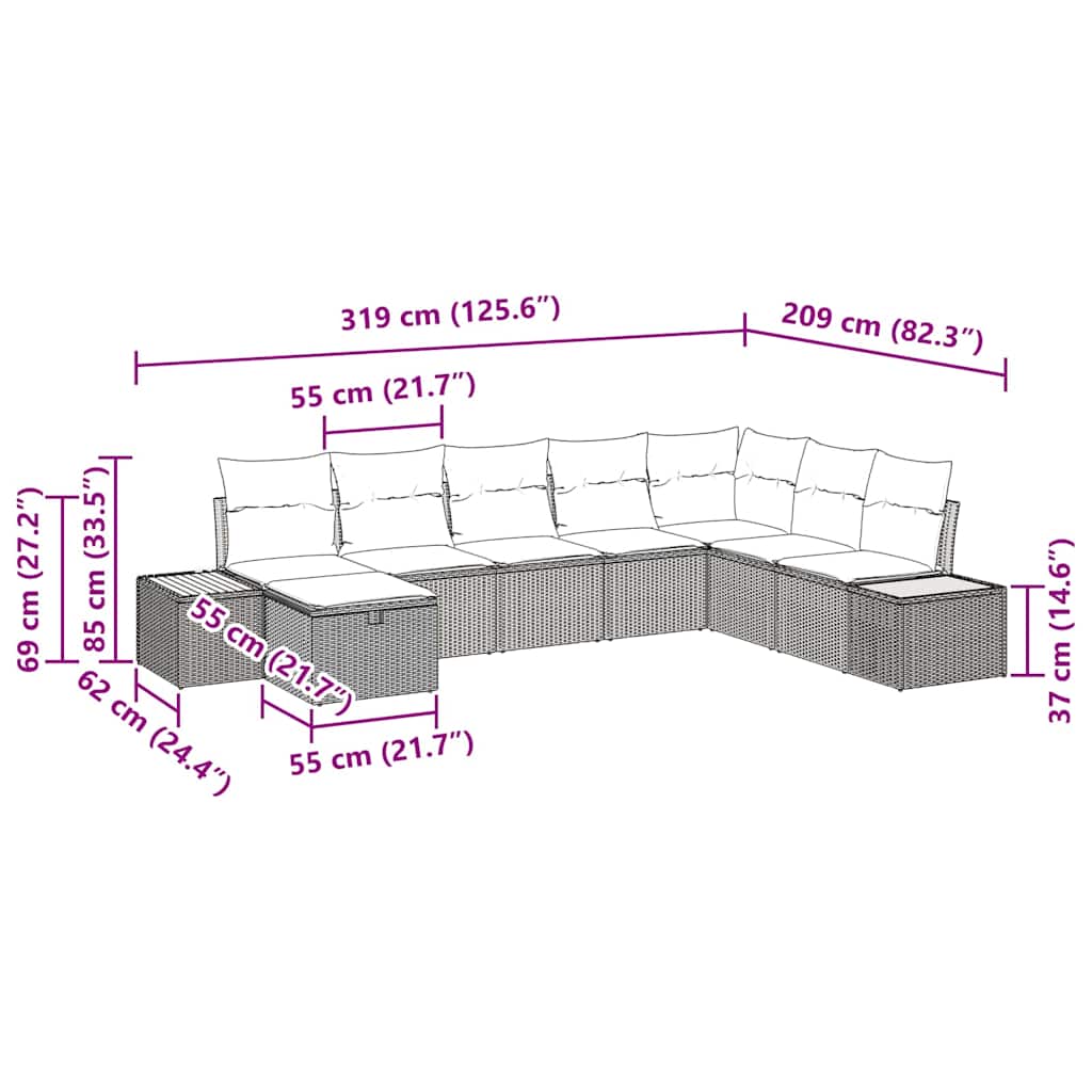Conjunto de sofás de jardín 9 pcs Gris ratán sintético