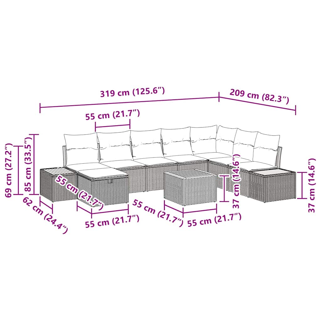 Conjunto de sofás de jardín 9 pcs Negro ratán sintético