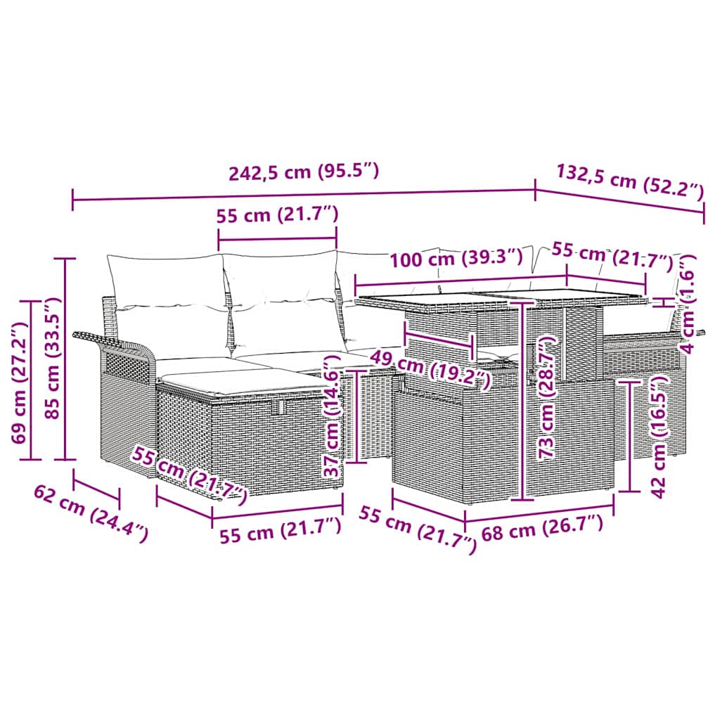 Conjunto de sofás de jardín 7 pcs Negro ratán sintético