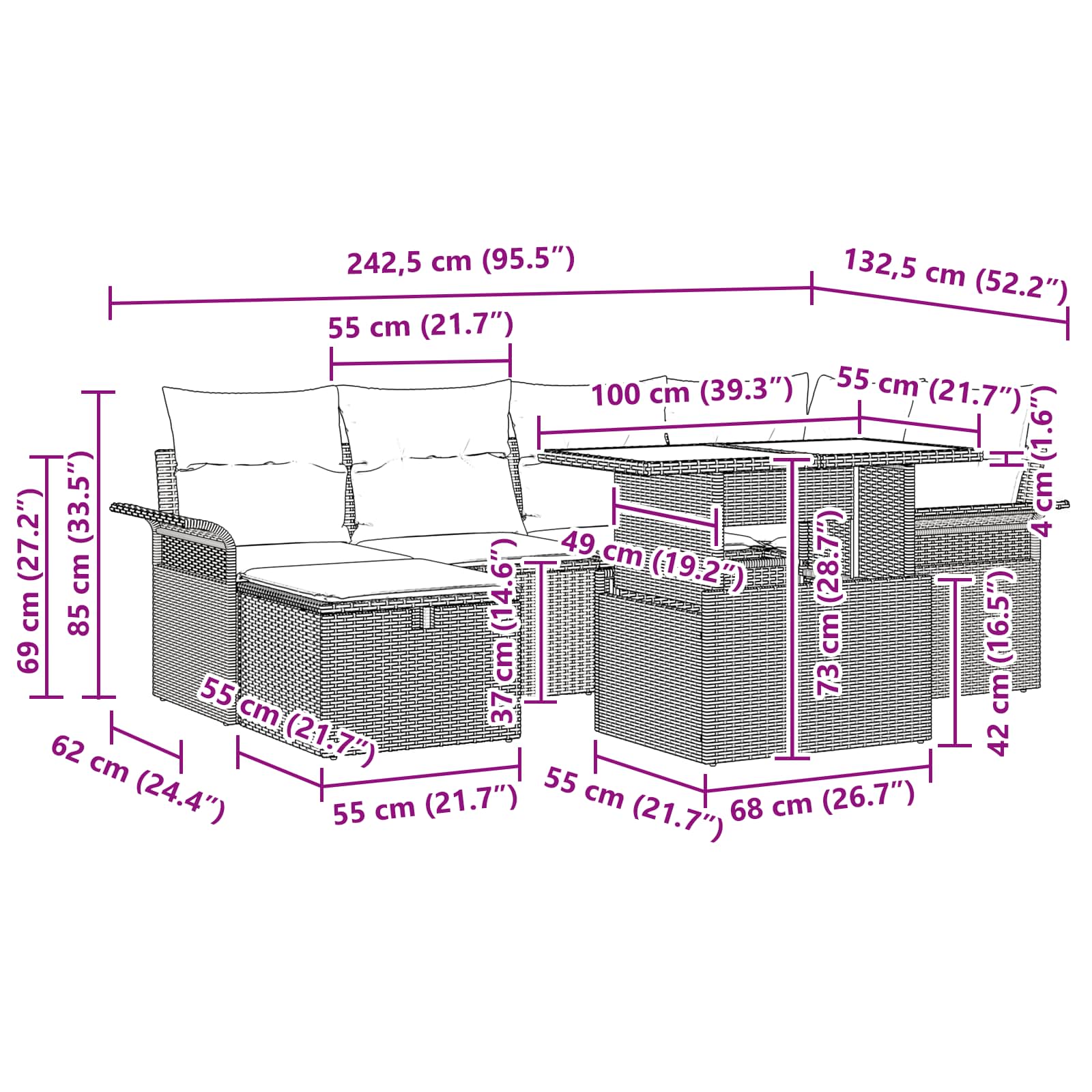 Conjunto de sofá de jardín con cojín 7 pcs Gris Poliratán