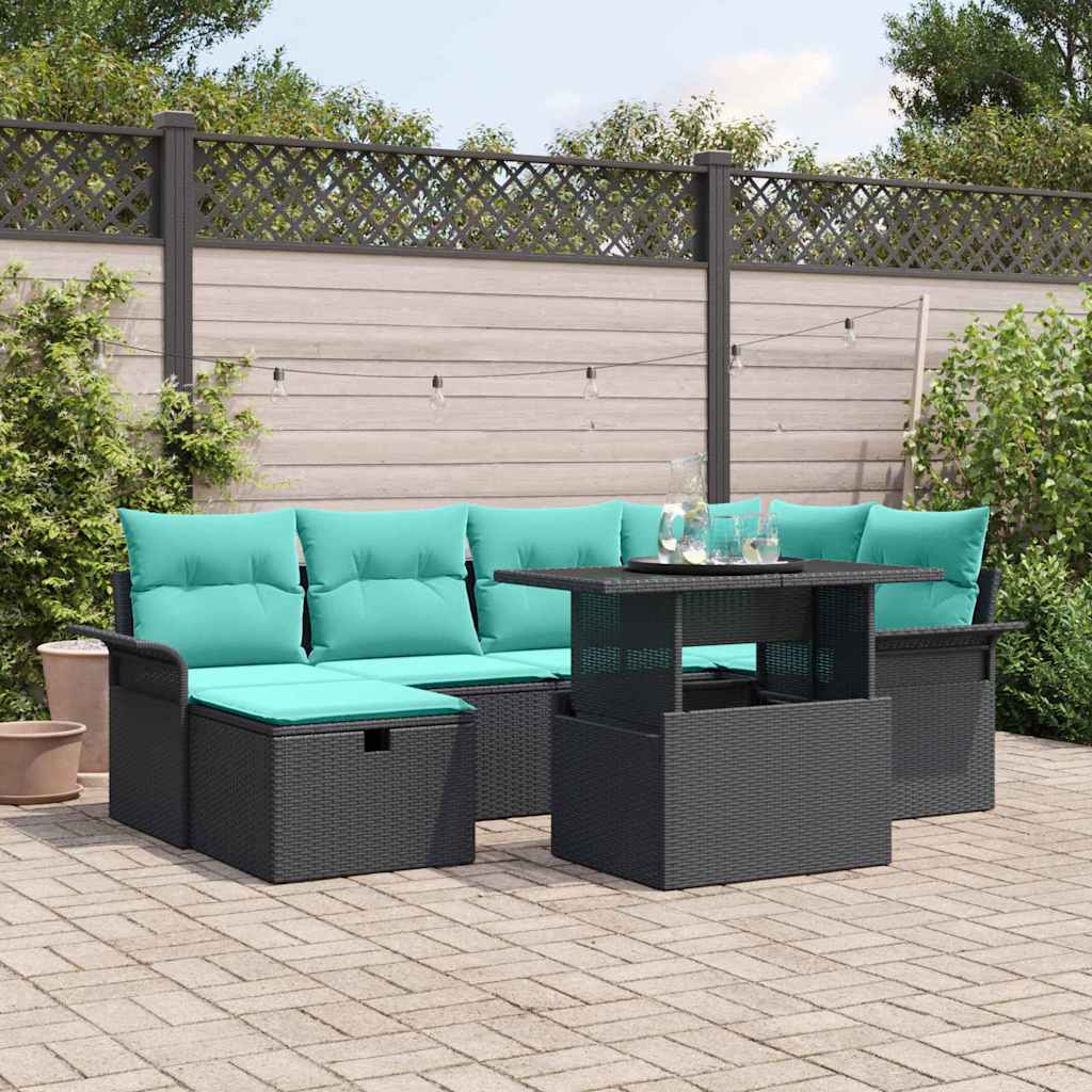 Conjunto de sofá de jardín con cojín 7 pcs Negro Poliratán