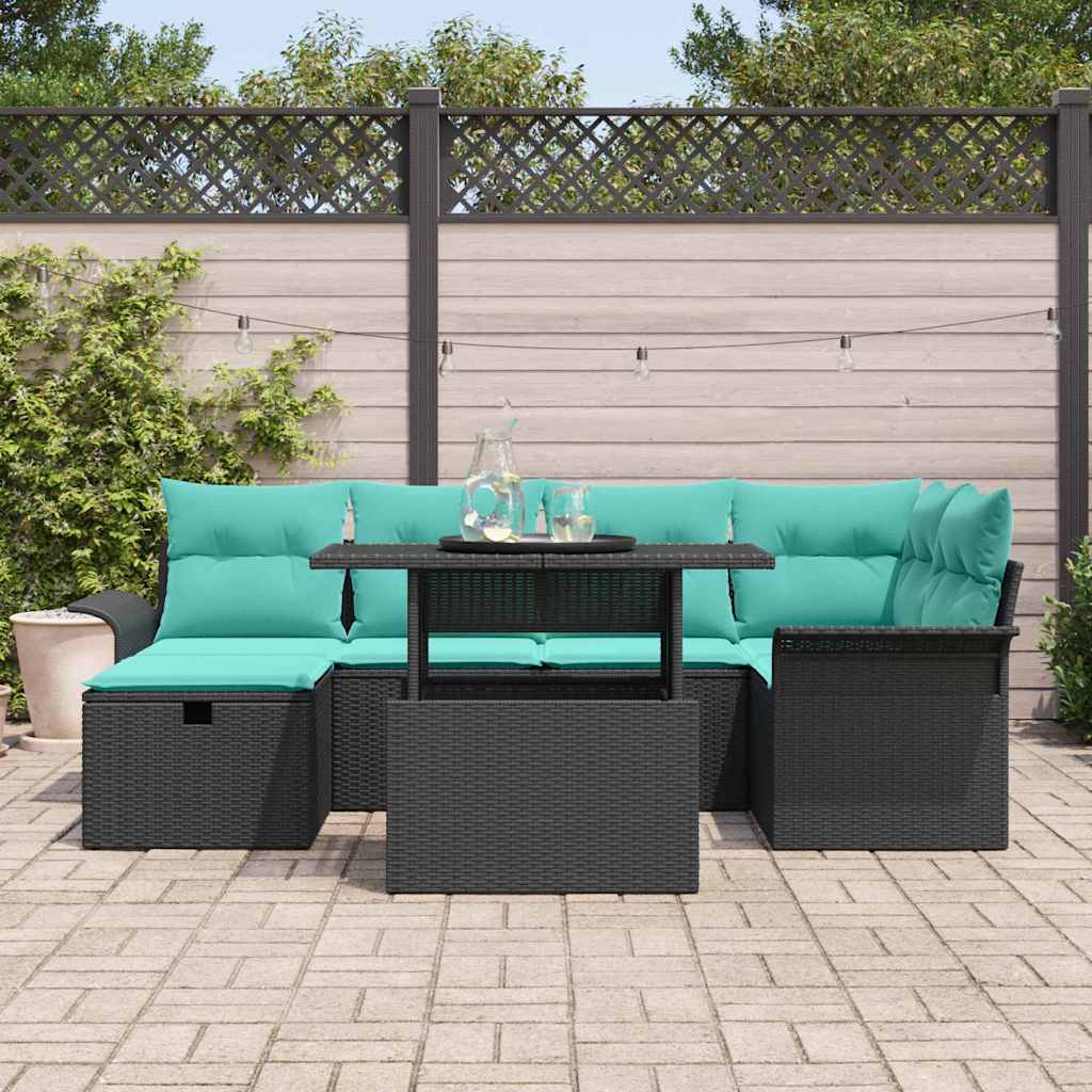 Conjunto de sofá de jardín con cojín 7 pcs Negro Poliratán