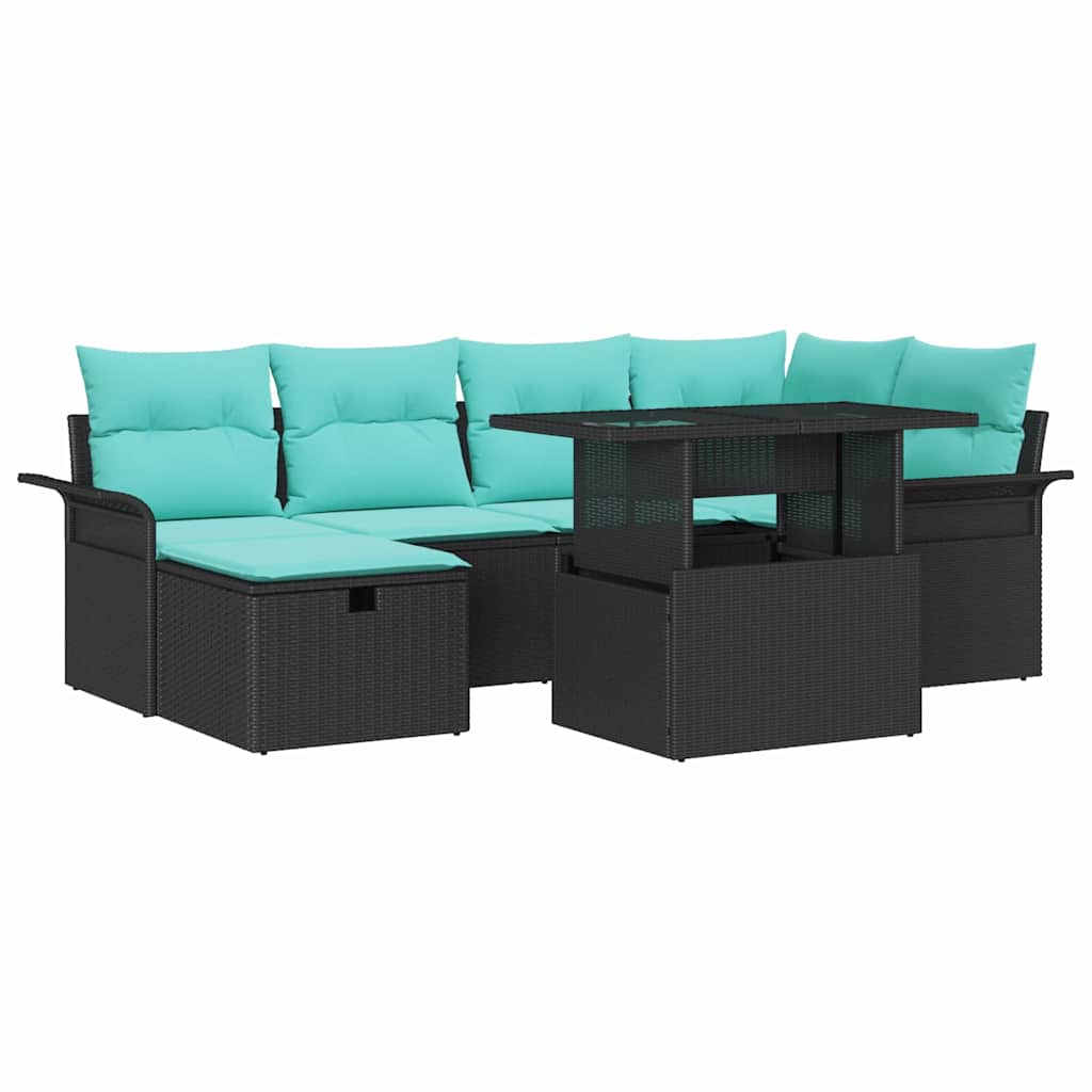 Conjunto de sofá de jardín con cojín 7 pcs Negro Poliratán