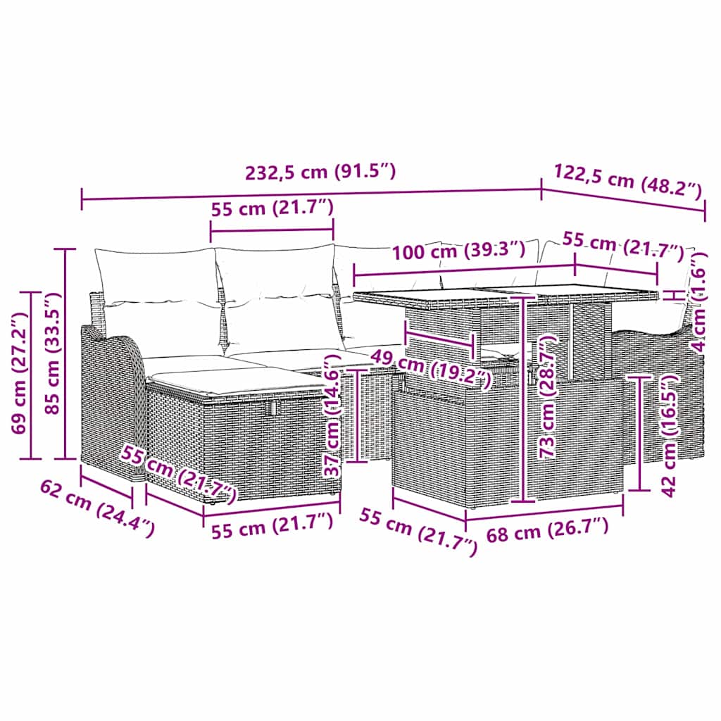 Conjunto de sofá de jardín con cojín 7 pcs Beige Poliratán