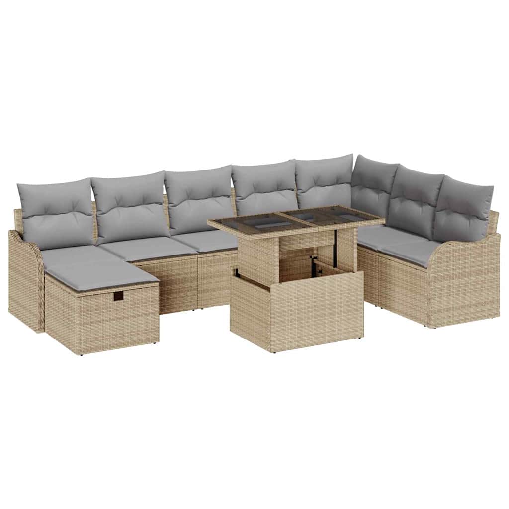 Conjunto de sofá de jardín con cojín 9 pcs Beige Poliratán