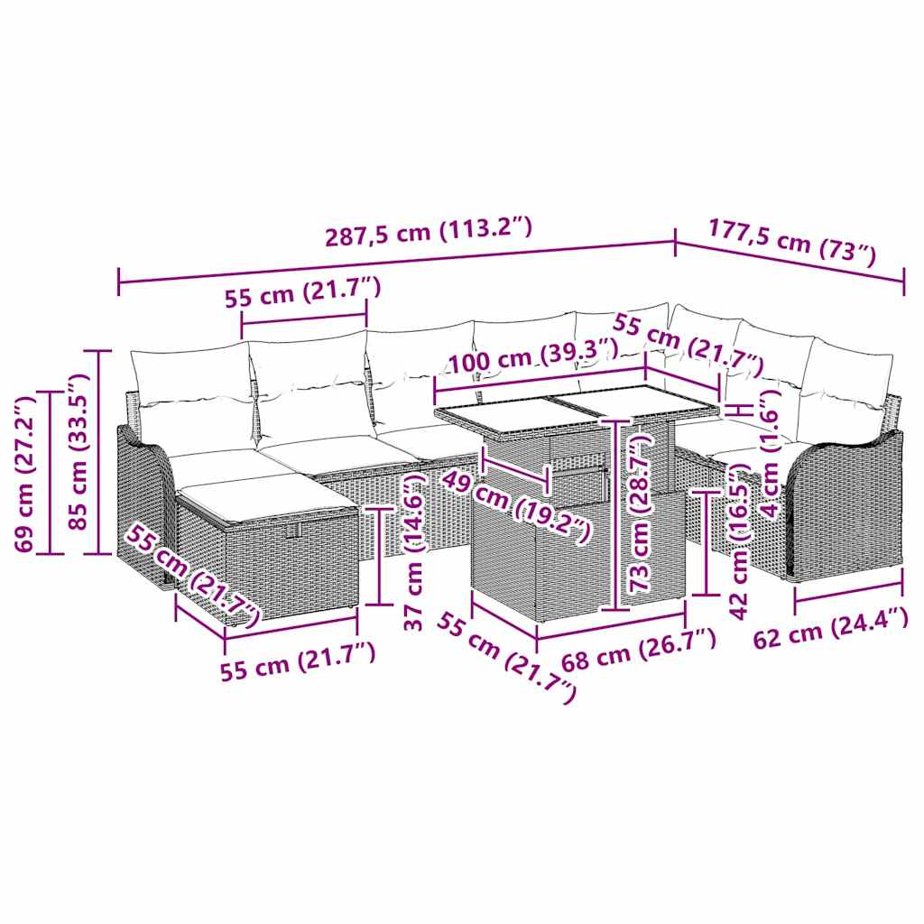 Conjunto de sofá de jardín con cojín 9 pcs Beige Poliratán