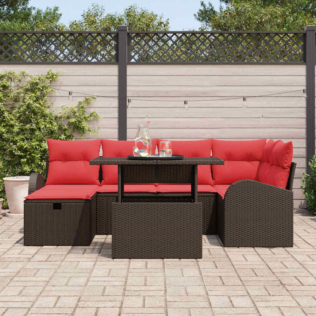 Conjunto de sofá de jardín con cojín 7 pcs Marrón Poliratán