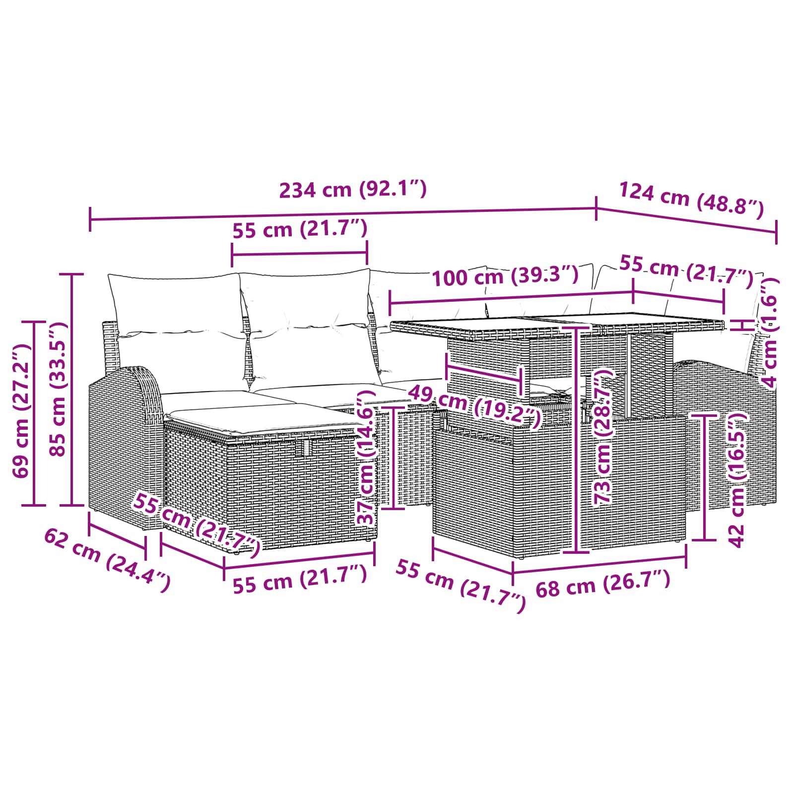 Conjunto de sofá de jardín con cojín 7 pcs Marrón Poliratán