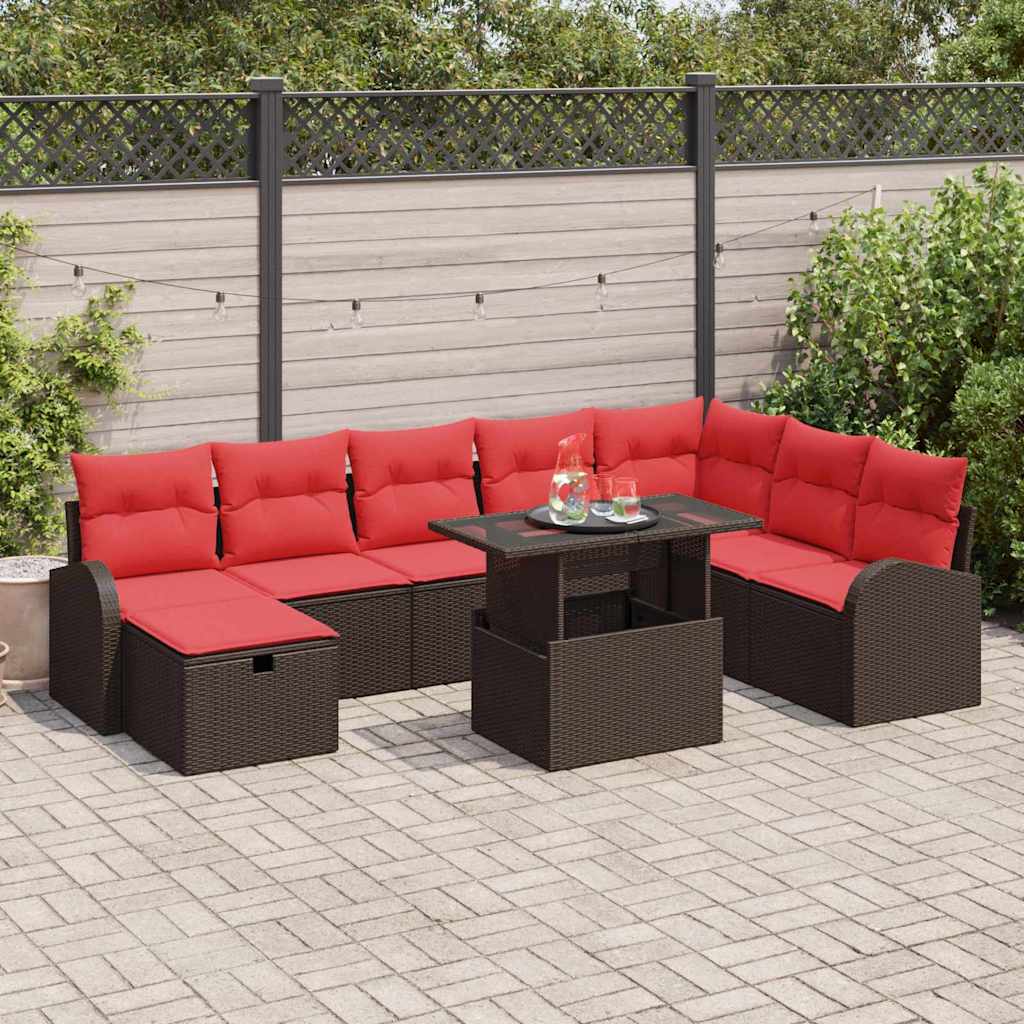 Conjunto de sofá de jardín con cojín 9 pcs Marrón Poliratán