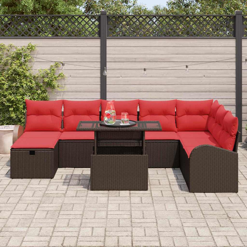 Conjunto de sofá de jardín con cojín 9 pcs Marrón Poliratán