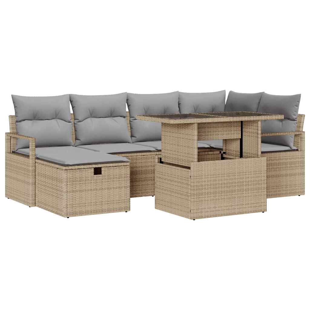 Conjunto de sofá de jardín con cojín 7 pcs Beige Poliratán
