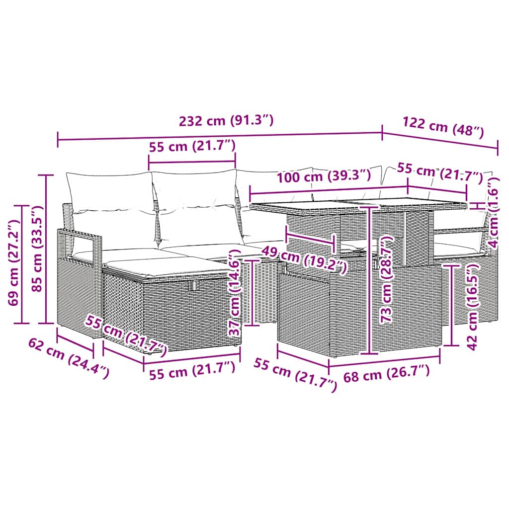 Conjunto de sofá de jardín con cojín 7 pcs Beige Poliratán