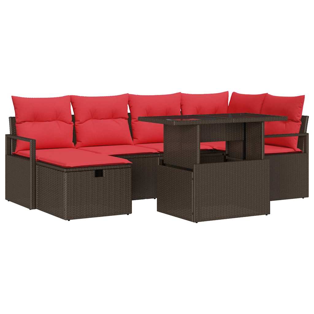 Conjunto de sofá de jardín con cojín 7 pcs Marrón Poliratán