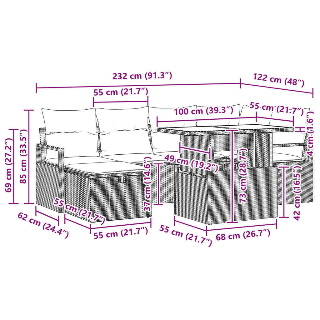 Conjunto de sofá de jardín con cojín 7 pcs Marrón Poliratán