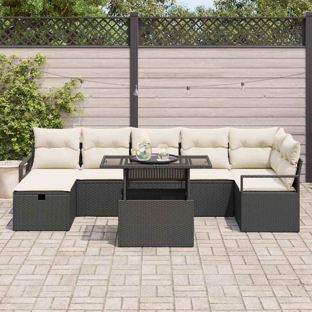 Conjunto de sofá de jardín con cojín 8 pcs Negro Poliratán