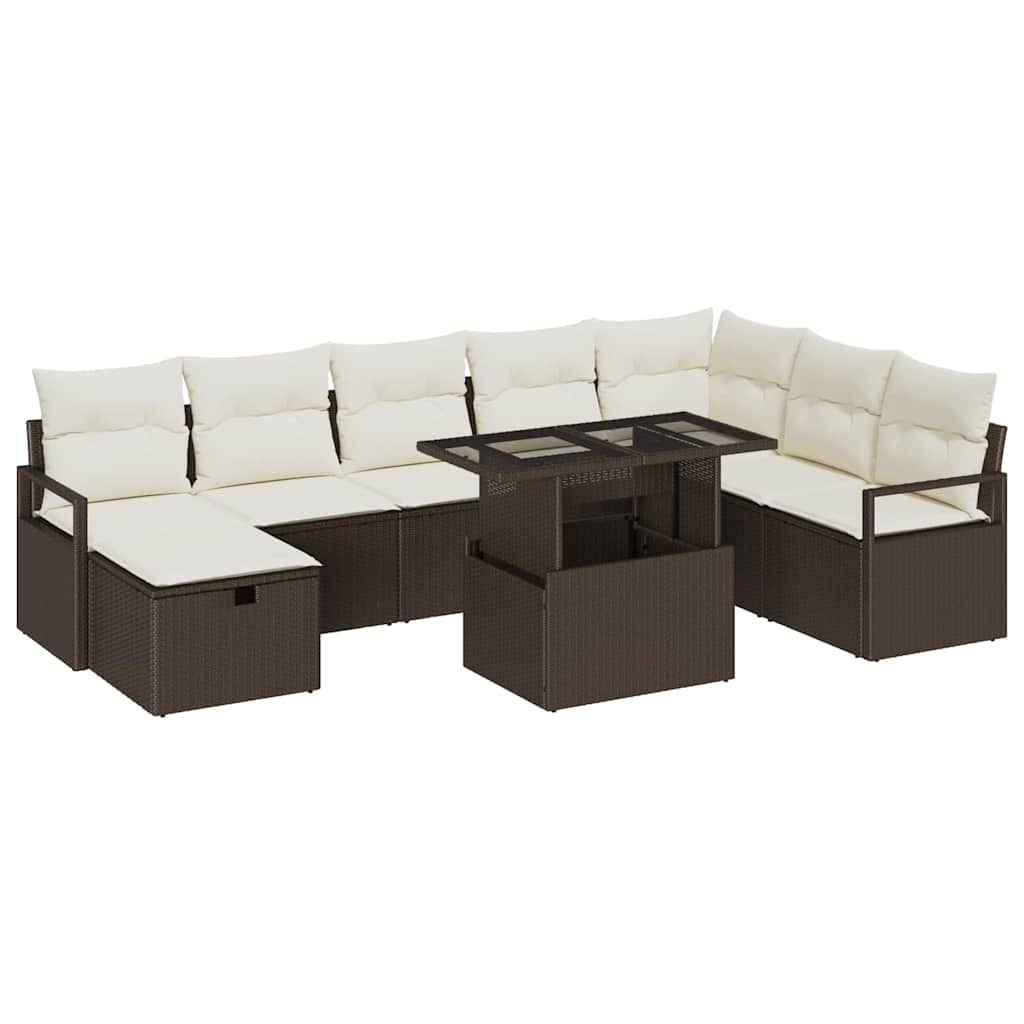 Conjunto de sofá de jardín con cojín 9 pcs Marrón Poliratán