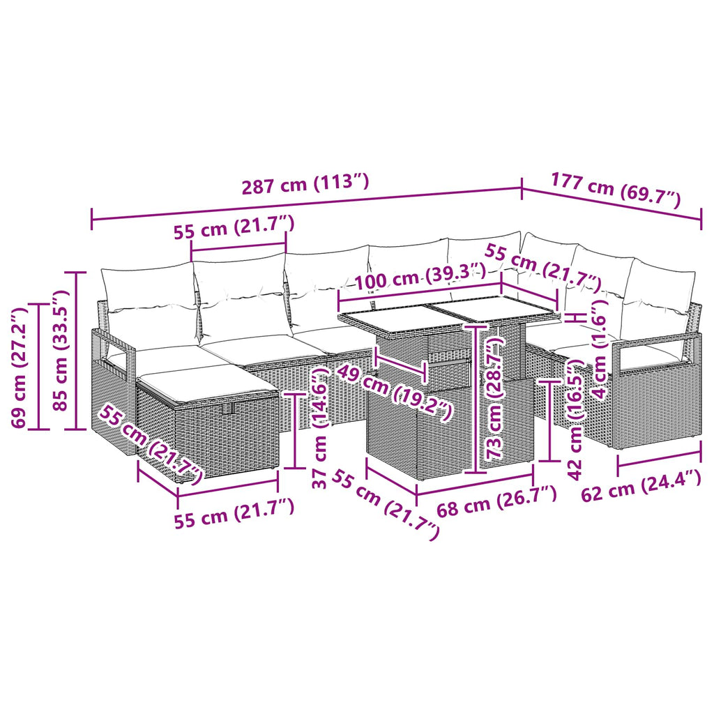 Conjunto de sofá de jardín con cojín 9 pcs Gris Poliratán