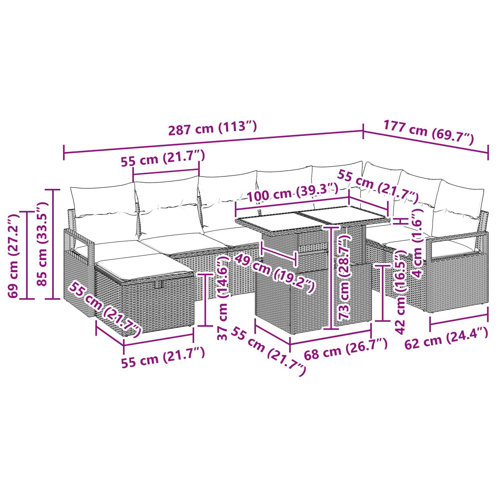 Conjunto de sofá de jardín con cojín 9 pcs Gris Poliratán
