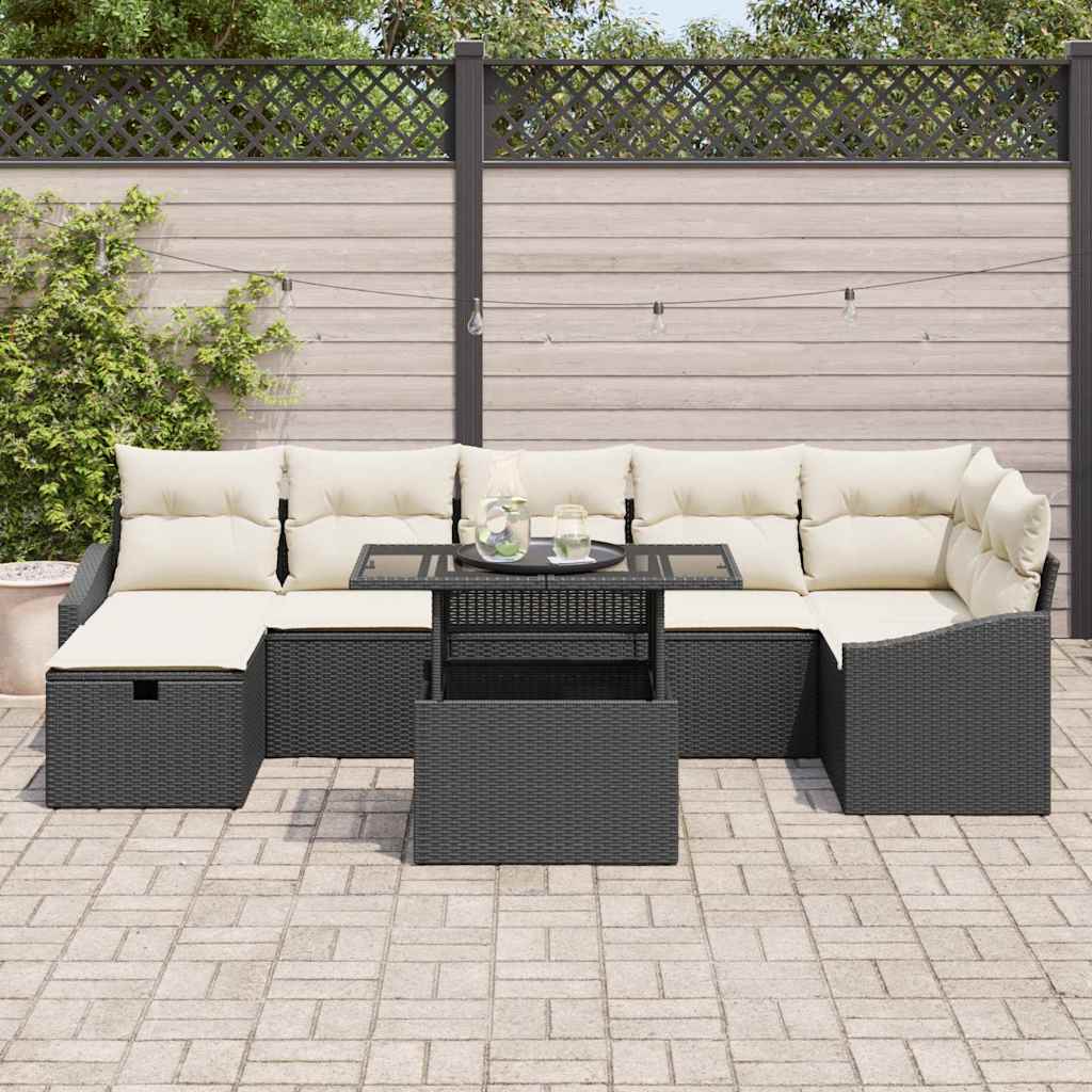 Conjunto de sofá de jardín con cojín 8 pcs Negro Poliratán